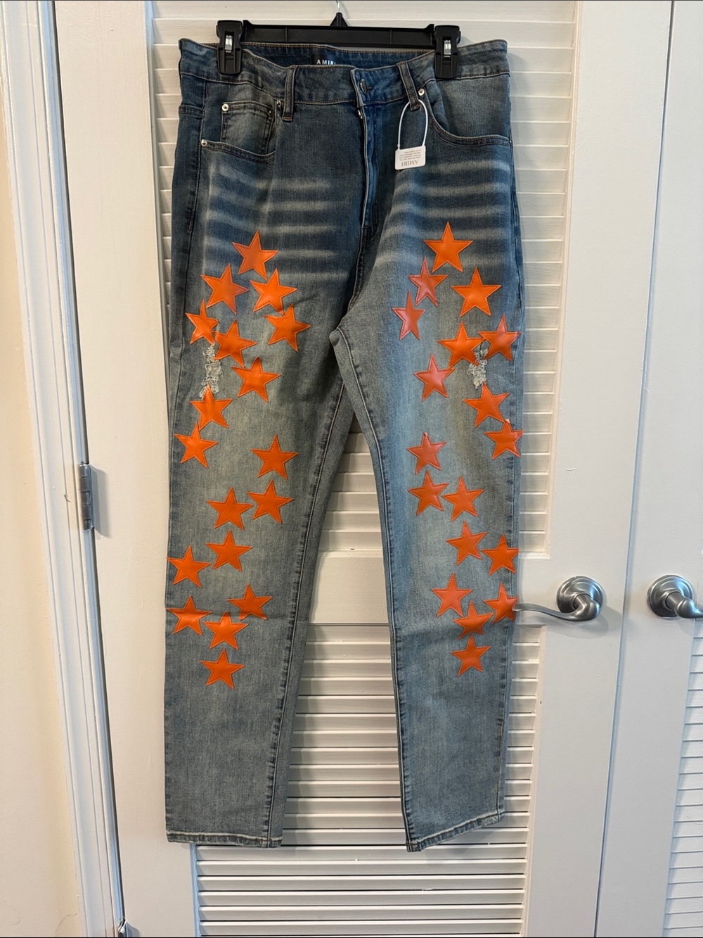 New! AMIRI x Chemist Orange Star Patch Skinny Jeans.